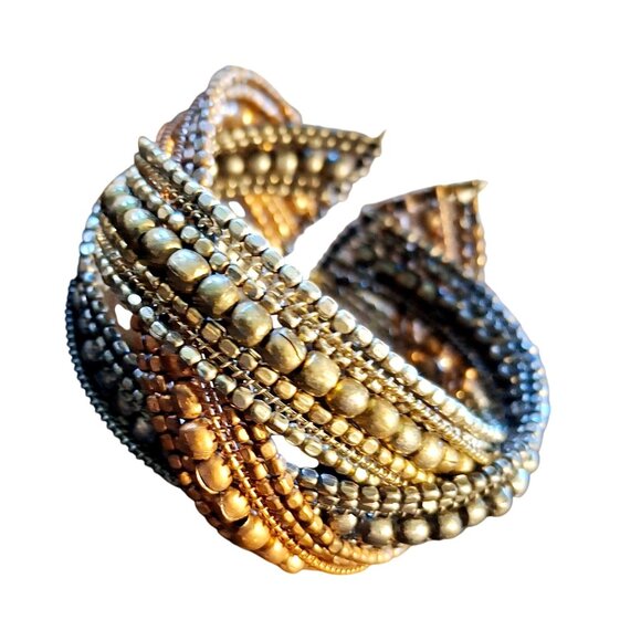 Mixed Metal Beaded Cuff Bracelet With Multi-Strand Design - Picture 1 of 6